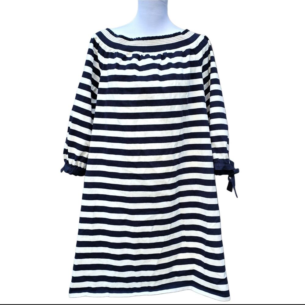 J. Crew Plus Size Dress XXL Navy Ivory Off Shoulder Cotton Muslin Bows